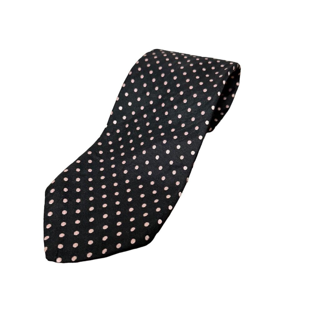 Sears The Men's Store Men's Neck Tie Blakc Pink Polka Dot Dotted 100% Silk VTG